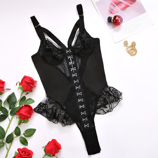 A sensação de segunda pele encontra um design sensual nesta criação em tule transparente e renda delicada, com fecho frontal de colchetes e detalhes florais. Acompanha embalagem plástica com zíper!