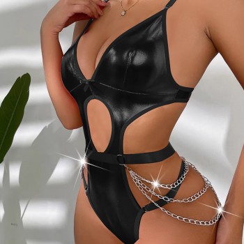 Faux Leather Bodysuit with Chains - L/XL