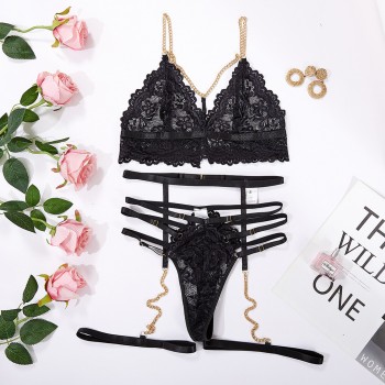 Three Piece Lace Cut-out Set with Chains - L/XL
