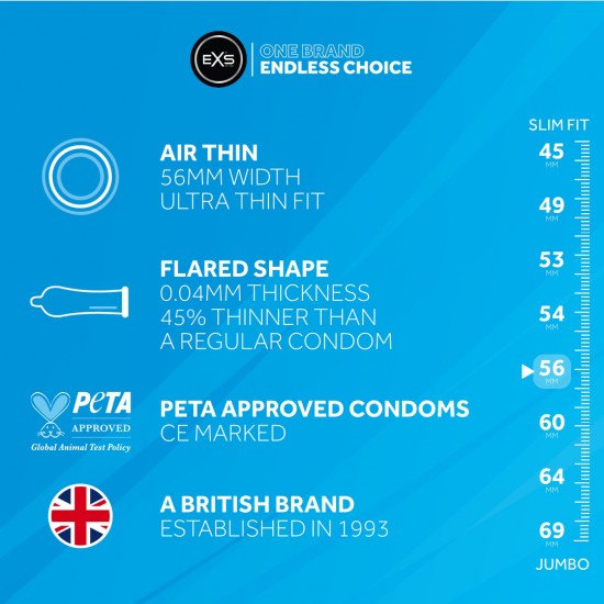 Os preservativos de látex EXS Air Thin estão entre os mais finos do mundo, com um ajuste confortável de 56 mm, sem cheiro de látex e com a sensação de que você não está usando preservativo. Testados rigorosamente de acor