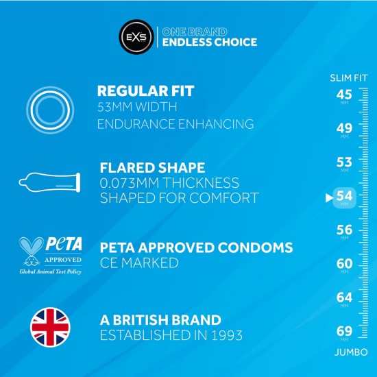 Preservativo de látex natural, com ponta para tetina e lubrificação de silicone. Os preservativos EXS Endurance Delay têm paredes retas de 53 mm e são feitos de látex natural. Cada preservativo é lubrificado externamente