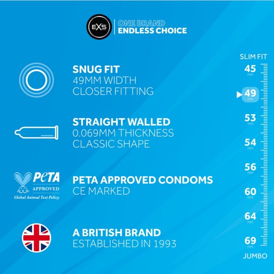 Tamanho: 49 mm de largura, 190 mm de comprimento Espessura: 0,069 mm Características: Parede reta, Ponta do teto Experimente conforto e segurança sob medida para suas necessidades com os preservativos EXS