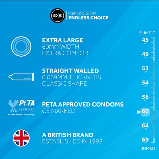 Tamanho: 60 mm de largura, 190 mm de comprimento Espessura: 0,069 mm Experimente conforto e confiança incomparáveis ​​com os preservativos EXS Magnum. Projetados com espaço extra para um ajuste mais confortável