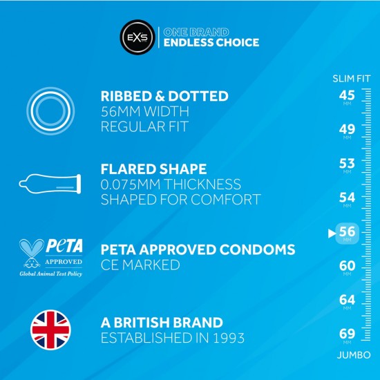 Contém 48 preservativos EXS de látex premium com nervuras e pontos. Os preservativos EXS com nervuras e pontos são uma excelente escolha para amantes que desejam uma experiência íntima e sensual. Projetados com sua parce
