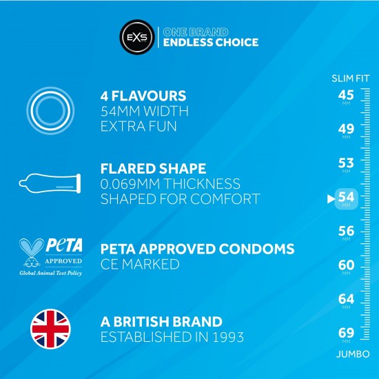 Tamanho: 54 mm de largura, 180 mm de comprimento Espessura: 0,07 mm Sabores: Cola, Morango, Chiclete e Chocolate Adicione um toque lúdico aos seus momentos íntimos com os preservativos com sabor EXS. Desen