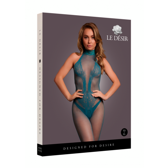 Bodystocking Blue Bodystocking com uma combinação de estampa de renda e arrastão. Este modelo tem decote halter e virilha aberta. Este bodystocking tem bastante elasticidade e pode ser usado do tamanho XS ao GG.