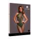Bodystocking com uma combinação de estampa de renda e arrastão. Este modelo tem decote halter e virilha aberta. Este bodystocking tem bastante elasticidade e pode ser usado do tamanho XS ao GG.