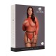 Cative com nosso Body Brilhante com Costas Abertas e seja o centro das atenções com nosso hipnotizante body vermelho brilhante com costas abertas, adornado com ligas de couro PU preto e glitter dourado. Esta peça ousada