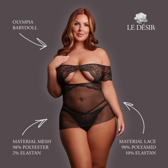 Babydoll transparente com ombros à mostra, detalhes delicados em renda e abertura frontal. O tecido macio e super elástico veste do tamanho XXL ao 5XL.