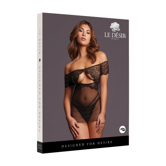 Babydoll transparente com ombros à mostra, detalhes delicados em renda e abertura frontal. O tecido macio e super elástico veste do tamanho XXL ao 5XL.