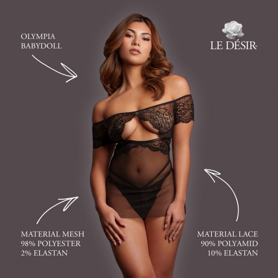 Babydoll transparente com ombros à mostra, detalhes delicados em renda e abertura frontal. O tecido macio e super elástico veste do tamanho XXL ao 5XL.
