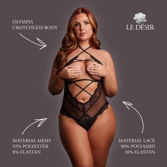 Body de renda transparente com detalhes elegantes nas alças e design aberto entrepernas. O tecido macio e super elástico veste tamanhos do XXL ao 5XL.