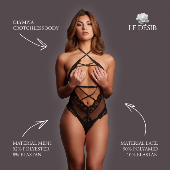 Body de renda transparente com detalhes elegantes nas alças e design aberto entrepernas. O tecido macio e super elástico veste tamanhos do S ao XL.