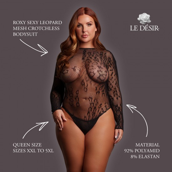Body de malha transparente com estampa de leopardo, mangas compridas e design sem entrepernas. O tecido macio e super elástico veste tamanhos do XXL ao 5XL.