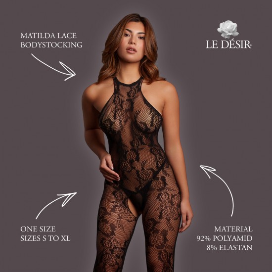 Body de renda transparente com um elegante design de gola alta e entrepernas aberta. O tecido macio e super elástico veste do tamanho S ao XL