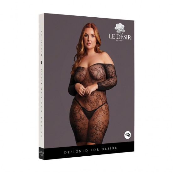 Minivestido de renda transparente com mangas compridas e decote ombro a ombro. O tecido macio e super elástico veste do tamanho XL ao 5XL.