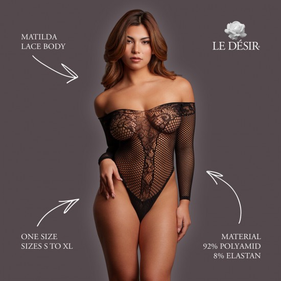 Body de renda transparente com mangas compridas e decote ombro a ombro. O tecido macio e super elástico veste do tamanho S ao XL.
