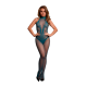 Bodystocking Blue Bodystocking com uma combinação de estampa de renda e arrastão. Este modelo tem decote halter e virilha aberta. Este bodystocking tem bastante elasticidade e pode ser usado do tamanho XS ao GG.