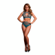 Conjunto de duas peças com top cropped e calça de cintura alta. Combinação de arrastão e tela de proteção com fenda. Este conjunto tem um pouco de elasticidade e pode ser usado do tamanho P ao G.