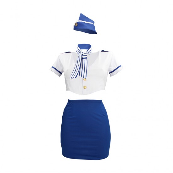 Basta fingir e usar a imaginação para ir além dos limites da realidade! Fantasia sedutora de aeromoça com minissaia sedutora, blusa justa, lenço de pescoço divertido e boné de voo combinando - pronta para levar suas fant