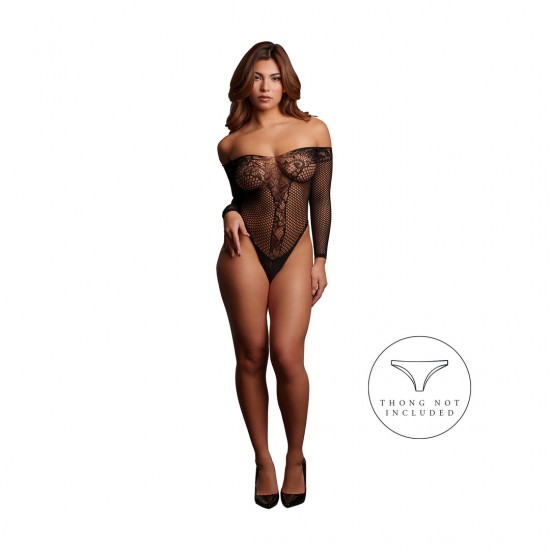 Body de renda transparente com mangas compridas e decote ombro a ombro. O tecido macio e super elástico veste do tamanho S ao XL.
