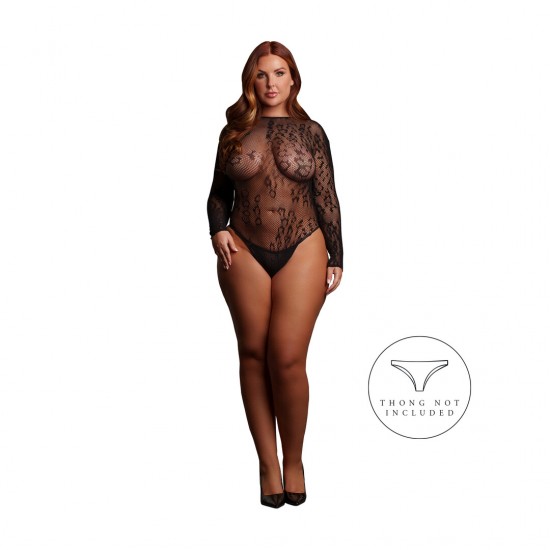 Body de malha transparente com estampa de leopardo, mangas compridas e design sem entrepernas. O tecido macio e super elástico veste tamanhos do XXL ao 5XL.