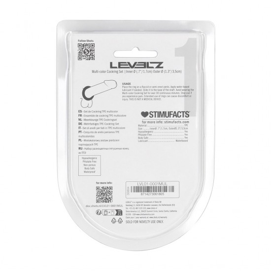 Cockring Set of 4 - Multicolor Expanda seus limites com este anel peniano de TPE ultraflexível da coleção LEVELZ. Este anel sem vibração é perfeito para iniciantes. Leve, elástico e seguro para o corpo, é uma ótima ferramenta inicial para aumentar a f