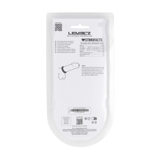 Conjunto de 3 anéis de silicone Wide O - S/M/L Eleve o nível da sua experiência com este trio essencial da coleção LEVELZ. Este conjunto não vibratório inclui três anéis penianos de silicone seguros para o corpo, nos tamanhos extra pequeno, pequeno e médio, perfeitos