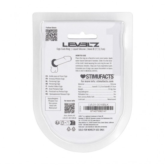 Anel peniano de silicone líquido Ergo - Preto Ultrapasse os limites com este anel peniano firme, porém flexível, da coleção LEVELZ. Feita em silicone premium e seguro para o corpo, este anel oferece uma pegada firme para maior tensão e uma tração satisfatória. Seja