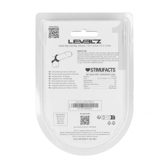 Anel duplo peniano ergonômico em silicone - preto Garanta prazer duradouro com este anel peniano e escrotal de dupla ação da coleção LEVELZ. Projetado para envolver tanto o pênis quanto o escroto, ele aumenta a firmeza, proporcionando alongamento e pressão satisfatórios