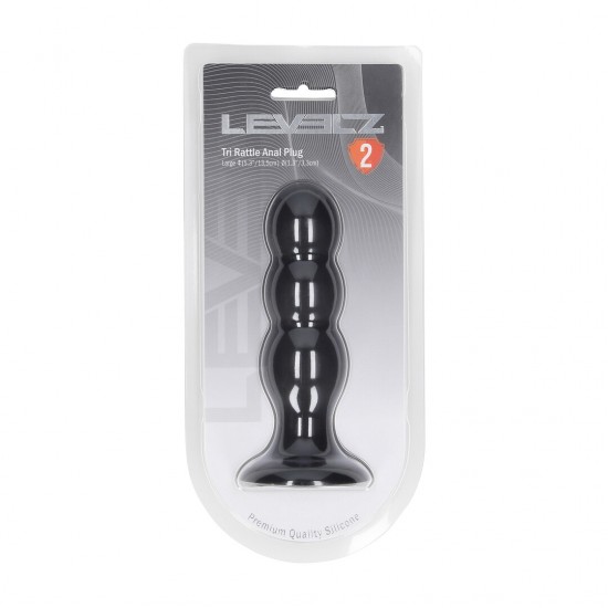 Plug anal de silicone Tri Rattle - L - Preto Prepare-se para a estimulação dinâmica com o plug vibrador triplo da coleção LEVELZ. Feito de silicone premium, este design Level 2 apresenta três bulbos suaves e de tamanho progressivo, além de um chocalho interno leve