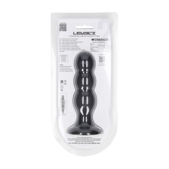 Plug anal de silicone Tri Rattle - L - Preto Prepare-se para a estimulação dinâmica com o plug vibrador triplo da coleção LEVELZ. Feito de silicone premium, este design Level 2 apresenta três bulbos suaves e de tamanho progressivo, além de um chocalho interno leve