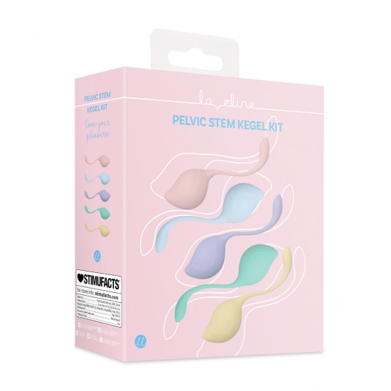 Conheça o Kit de Kegel Pelvico Stem da Loveline. Um conjunto de bolas de Kegel em formato de folha, projetado para um fortalecimento pélvico eficaz. Com cinco pesos progressivos (40g, 50g, 60g, 80g, 119g) e uma haste lis