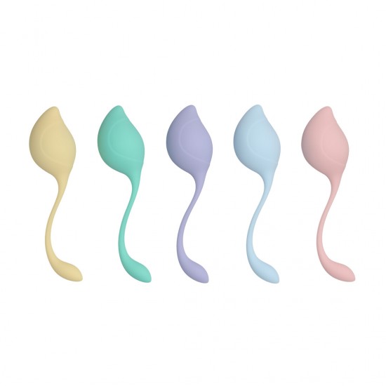 Conheça o Kit de Kegel Pelvico Stem da Loveline. Um conjunto de bolas de Kegel em formato de folha, projetado para um fortalecimento pélvico eficaz. Com cinco pesos progressivos (40g, 50g, 60g, 80g, 119g) e uma haste lis