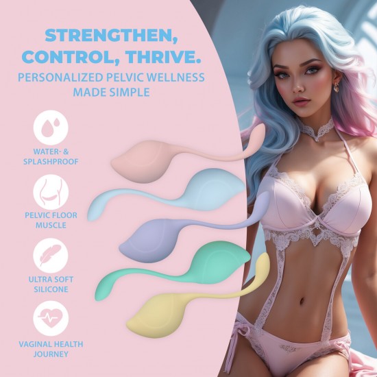 Conheça o Kit de Kegel Pelvico Stem da Loveline. Um conjunto de bolas de Kegel em formato de folha, projetado para um fortalecimento pélvico eficaz. Com cinco pesos progressivos (40g, 50g, 60g, 80g, 119g) e uma haste lis