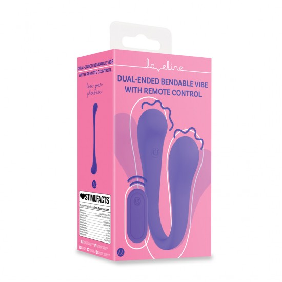 Apresentando o Vibrador Flexível com Duas Extremidades da Loveline. Um vibrador flexível com duas extremidades e controle remoto, projetado para versatilidade e conforto. Com bulbos de gotas vibratórias em cada extremida