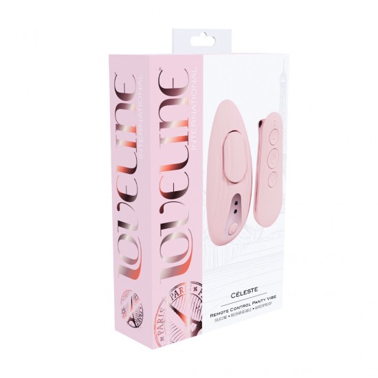Céleste - Remote Control Panty Vib O Céleste da Loveline International, Coleção Paris, é um vibrador com 10 funções que se fixa magneticamente através da calcinha. Operando a menos de 50 dB, proporciona prazer discreto, com até 60 minutos de uso contínuo