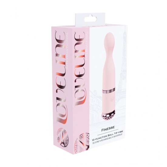 Finesse - Ball Tip Vib Da coleção Loveline International, Paris, o Finesse é uma verdadeira obra-prima em precisão e elegância. Com uma ponta em formato de bola e uma base iluminada que muda de cor a cada modo, este vibrador suave combina esti