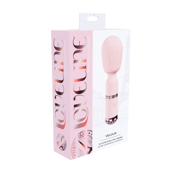 Velour - Mini-Wand O Velour da Loveline International, Coleção Paris, é um mini vibrador texturizado com 10 funções. Operando a menos de 50 dB, proporciona prazer discreto e possui uma base iluminada que muda de cor a cada função. Oferece