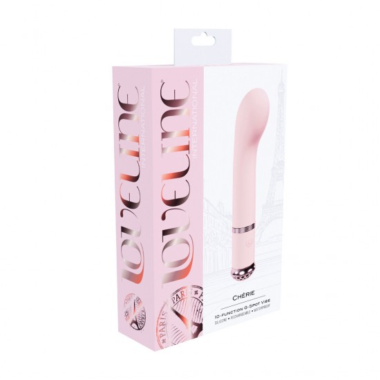 Cherie - G-Spot Vib O Chérie da Loveline International, Coleção Paris, é um vibrador suave para o ponto G com 10 modos de funcionamento. Operando a menos de 50 dB, proporciona prazer discreto e até 55 minutos de uso com uma única carga. Fei