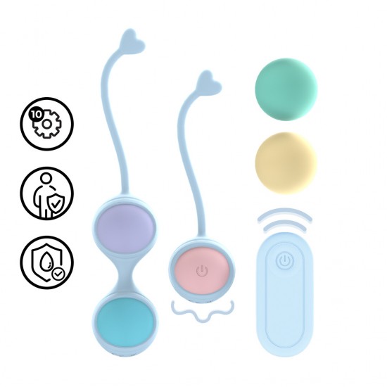 Descubra o Kit de Kegel Intercambiável com Vibração e 5 Pesos da Loveline. Um conjunto versátil com 5 bolas de Kegel com pesos, incluindo uma bola vibratória, duas capas de silicone para uso com uma ou duas bolas e um co
