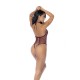Um body de rede versátil que pode ser usado com decote halter ou cruzado. Possui detalhes florais na frente e um charmoso design com amarração nas costas.