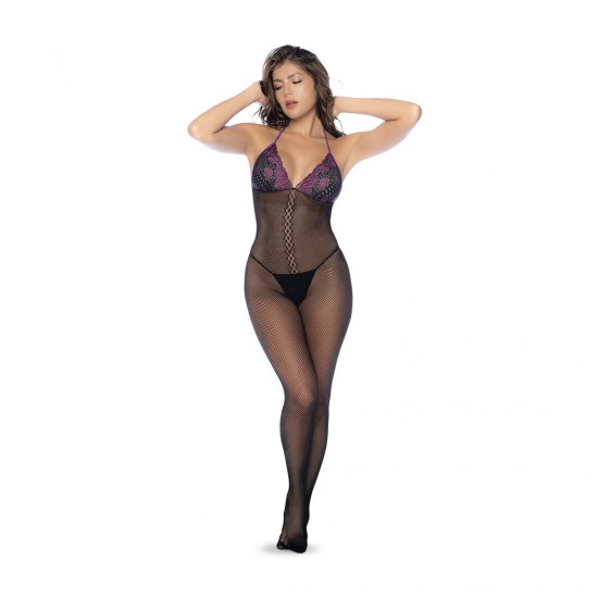 Exiba suas curvas neste elegante body de rede com bojos de renda, detalhes em contraste, decote halter e costas abertas.