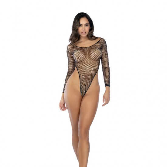 Faça uma declaração ousada com este body de manga comprida em rede, adornado com deslumbrantes strass que brilham de todos os ângulos. Com um corte cavado dramático e uma ousada tanga na parte de trás, esta peça alonga a
