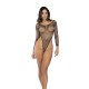 Faça uma declaração ousada com este body de manga comprida em rede, adornado com deslumbrantes strass que brilham de todos os ângulos. Com um corte cavado dramático e uma ousada tanga na parte de trás, esta peça alonga a
