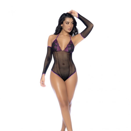 Body romântico em rede com bojos de renda, detalhes contrastantes e decote halter. Complete o look com as luvas a condizer incluídas.