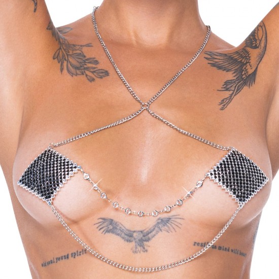 Adesivos de mamilo em formato de diamante para colar.Com uma corrente para o pescoço e duas correntes de conexão.Gemas brilhantes de cor prateadaCola bioadesiva e hipoalergênicaReutilizável Elegantes e chamativos!Os ades