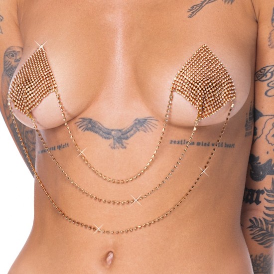 Adesivos de mamilo em formato de diamante para colar.Com 3 correntes de conexãoCor dourada brilhanteCola bioadesiva e hipoalergênicaReutilizável Um toque de glamour que chama a atenção!Os adesivos de mamilo quadrados dou