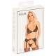 Conjunto de sutiã macio, cinta-liga e tangaFeito inteiramente de renda preta delicadaDetalhes douradosCom laço e pedras brilhantesAlças e suspensórios ajustáveisMacio e elástico para alto conforto Estilo exclusivo em ren
