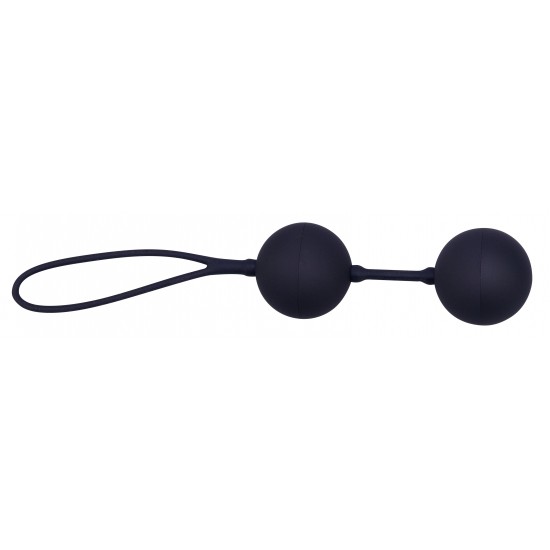 Bolas de amor preto com balas de aço rotativas internas. Comprimento total 10 cm, mais loop de retração de 9,5 cm. Bola ø aprox. 3,5 cm. Material: silicone, ABS, metal, isento de ftalatos de acordo com a regulamentação d